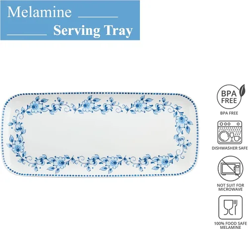 Miniatura 3 de UP ware - Bandeja de servir de melamina floral azul y blanca, bandeja rectangular de 15 x 6.5 pulgadas, bandeja de alimentos sin BPA