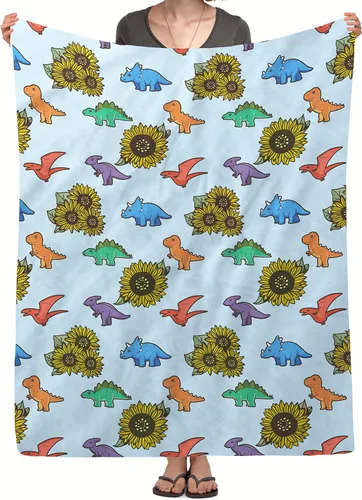 Manta de dinosaurio y girasol, manta de franela de forro polar de 40 x 50 pulgadas, suave, cálida y ligera, mantas para sofá, cama, sofá de viaje