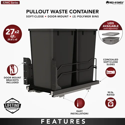 Miniatura 13 de Rev-A-Shelf Bote de basura doble extraíble para debajo de gabinetes de cocina, 27 Qt. 6.75 galones con rieles de cierre suave para gabinetes base