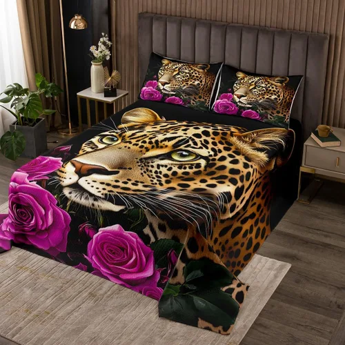 Miniatura 24 de Erosebridal Juego de edredón de león, color turquesa, verde azulado, rosa para mujeres y hombres, juego de colcha de flores de animales salvajes