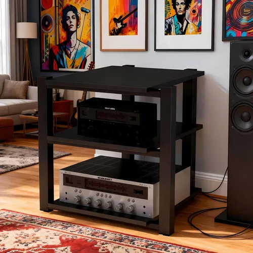 Miniatura 10 de Av - Estante de audio resistente, soporte para reproductor multimedia con estantes de madera, gabinete de equipo estéreo de CD negro, adecuado