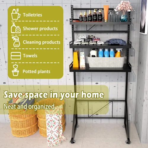 Miniatura 4 de Estante de almacenamiento para lavadora de 3 niveles de altura ajustable, organizador de almacenamiento grande para baño para ahorrar espacio (negro)