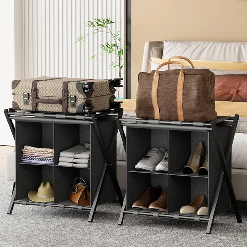 Miniatura 11 de Huhote Portaequipajes para habitación de invitados, soporte plegable para maleta con estante de almacenamiento de tela, soporte para equipaje