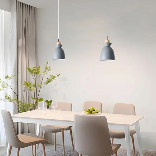 Miniatura 2 de Modern Minimalist Bell Metal Pendant Light Fixture Wood Accent, Small Hanging Lamp for Dining Room Kitchen Island Bedroom Bedside Cafe, Adjustable