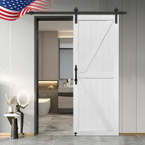 Miniatura 28 de S&Z TOPHAND® Puerta de granero doble de MDF de 18 x 84 pulgadas con kit de herrajes para puerta corredera de 6 pies, tablero sólido de puerta