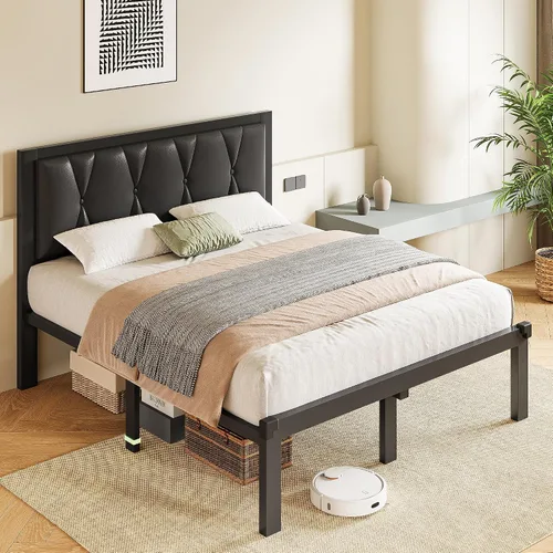 GalnFu Base de cama de tamaño matrimonial con cabecera capitoné con botones, plataforma tapizada de piel sintética, marco de cama de metal con