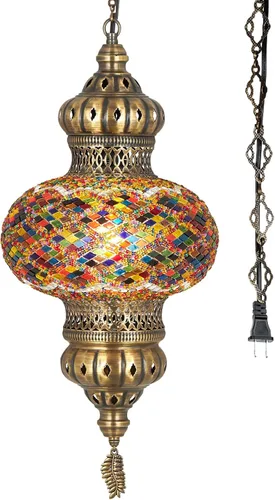 DEMMEX Lámpara colgante de techo con globo de mosaico turco marroquí de 10 pulgadas XL, luz de techo enchufable con cadena y cable de 15 pies,