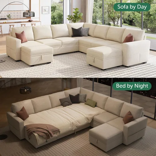 Miniatura 3 de HONBAY Sofá seccional modular con cama extraíble, sofá cama con forma de U extraíble con secciones de almacenamiento para sala de estar - Beige