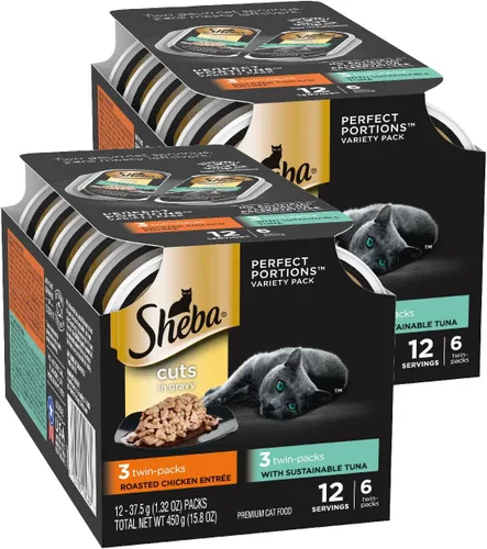 Sheba SHEBA PERFECT PORTIONS Comida suave y húmeda para gatos Cortes en salsa Paquete de variedad de plato principal de atún y pollo asado, (6) 2.6