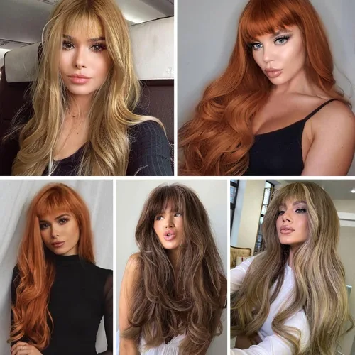 Miniatura 6 de HAIRCUBE Peluca de color marrón a rubio con flequillo para mujer, peluca de cabello largo ondulado marrón y rubio, pelucas sintéticas rizadas