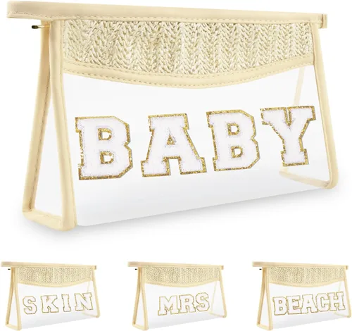 Miniatura 13 de Iqimott 2 bolsas de maquillaje con parches transparentes, bolsa de letras boho para nadar en la playa, bolsas de maquillaje impermeables