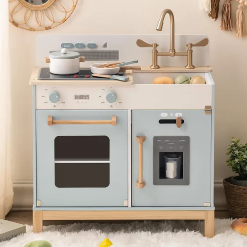 Miniatura 8 de ROBOTIME Juego de cocina para niños pequeños, juego de cocina de madera para niños con luces y sonidos reales, dispensador de cubitos de hielo, Azul