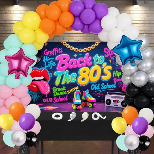 Miniatura 12 de Telón de fondo de Back to The 80's de 6 x 3.6 pies, decoraciones de fiesta de los años 80, telón de fondo de los años 80, pared de graffiti de hip