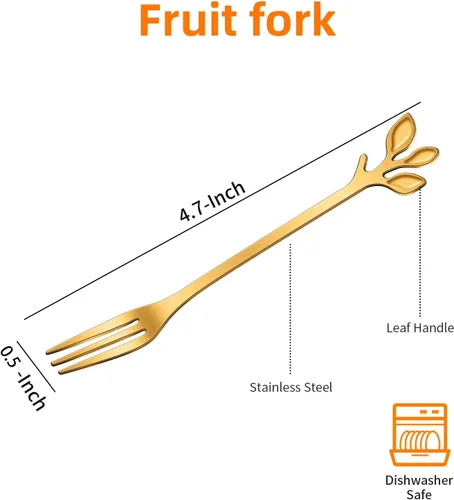 Miniatura 2 de AnSaw Juego de 10 Tenedores de Postre Mini Hoja Dorados - 4.7" Elegantes Tenedores de Acero Inoxidable para Frutas, Aperitivos, Pasteles y Ensaladas