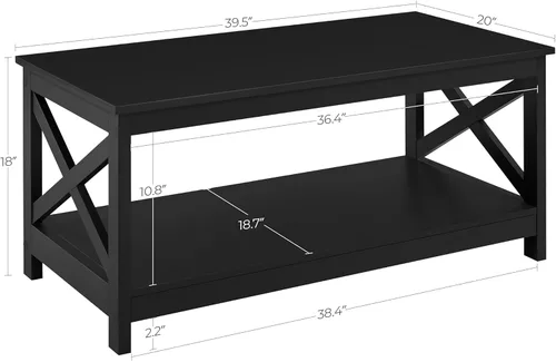 Miniatura 2 de Yaheetech Mesa de centro negra de madera de 2 niveles con estante de almacenamiento para sala de estar, mesa de cóctel con diseño en X, muebles