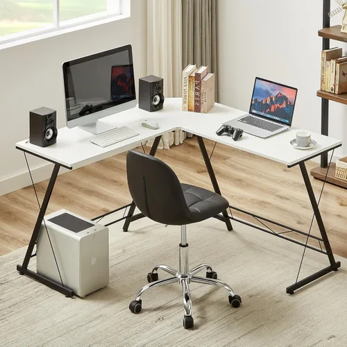 Miniatura 3 de VECELO Silla de escritorio suave, asiento de tocador elegante y casual, sin brazos con cómodo soporte lumbar, cuero PU ajustable en altura, giro