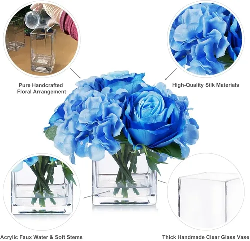 Miniatura 3 de ENOVA FLORAL Pequeñas flores falsas de seda azul con jarrón, arreglo floral artificial de rosas mixtas y hortensias en jarrón con agua sintética