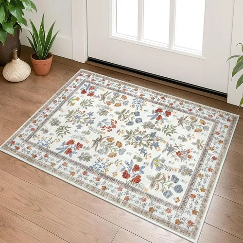 Miniatura 72 de Lansny Alfombra bohemia de 2 x 3 pulgadas, lavable, color negro, azul marino, floral, alfombra de cocina, alfombra de área pequeña de lana