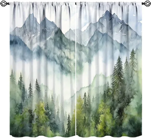 Miniatura 12 de BAEKJIN Cortinas verdes de bosque brumoso, acuarela, naturaleza, paisaje, plantas, árbol, bolsillo para barra, opacas, tratamiento de ventana