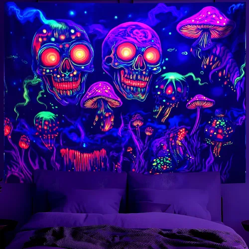 Miniatura 31 de BVBOX Tapiz de Halloween con luz negra, reactivo a los rayos UV que brilla en la oscuridad, póster de tapiz trippy con luz negra para sala de estar