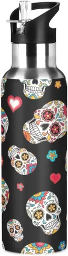 Insulated Stainless Steel Water Bottle with Straw 20 Oz, BPA-Free Sport Water Bottle for Gym Outdoor Travel School, Colorful Skulls Floral