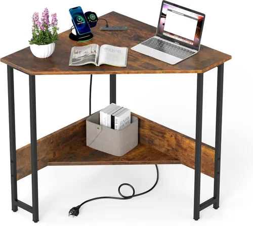 Miniatura 10 de Tangkula Escritorio esquinero con toma de corriente y puertos USB, escritorio triangular para computadora con estación de carga, estante de Negro