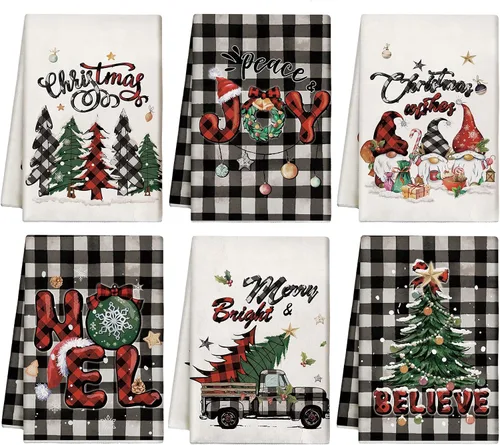 Miniatura 13 de Hosuly 6 Piezas Toallas de Cocina Navideñas Afroamericanas Paños de Platos de Santa Negro Toallas de Mano Navideñas Negras y Rojas Santa Ángel Acebo