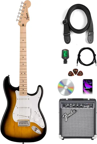Fender Squier Sonic Stratocaster - Paquete de guitarra eléctrica con ráfaga de 2 colores que incluye amplificador, cable, afinador, correa, púas y