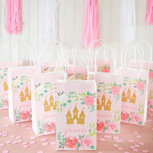 Miniatura 2 de BLUE PANDA Bolsas de regalo de papel de castillo de princesa rosa para fiesta de cumpleaños (9 x 5.3 pulgadas, 24 piezas)
