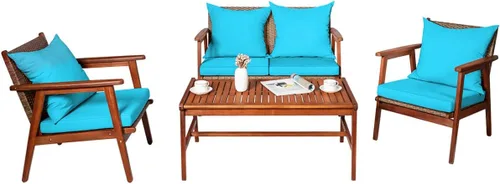 Miniatura 12 de Tangkula juego de 4 sofás de madera de patio, juego de asientos de madera de acacia para exterior con cojines y mesa de centro, juego de sofá