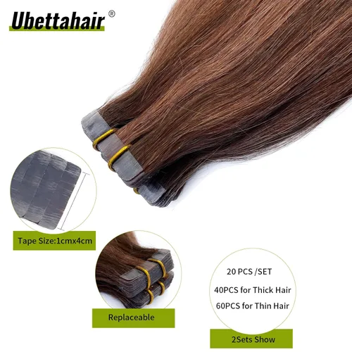 Miniatura 4 de Extensiones de cabello humano real con cinta, 20 piezas de cabello Remy invisible de doble cara, extensiones de cabello Remy con cinta adhesiva