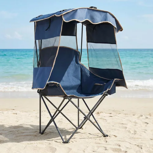 Miniatura 10 de ABORON Silla de camping con toldo, silla de playa plegable con sombra, silla portátil para exteriores con portavasos y bolsa refrigeradora