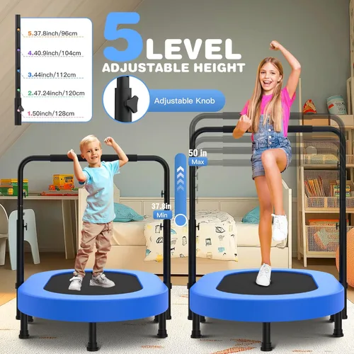 Miniatura 2 de ANCHEER 56" Double Mini Trampoline for Kids, Mini Rebounder with 5-Level Adjustable Handle, Parent-Child Trampoline for Kids, Max Load 220lbs, Fun