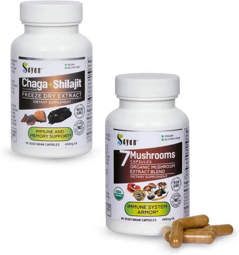 Sayan Mushroom Power - Paquete de refuerzo inmunológico, Chaga con Shilajit y 7 cápsulas de extracto de hongos, suplemento de hongos para apoyo