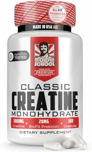 Old School Labs Monohidrato de creatina micronizada de 5000 mg con probiótico BioFit™ - Sin hinchazón post-recuperación para hombres y mujeres Apoya