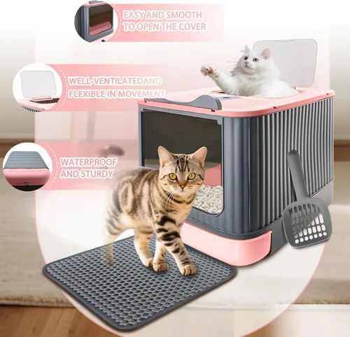 Miniatura 6 de Caja de arena para gatos con tapete de arena, caja de arena grande de 17"x14"x13" para gatos grandes, cajas de arena cerradas extraíbles, caja