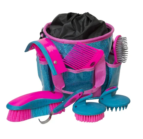 Kit de aseo para caballos de cuero Weaver, juego de cepillos de 7 piezas con bolsa organizadora, cuidado equino, equipo de habitación para pistas de