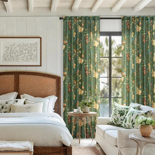 Miniatura 52 de Cortinas de lino florales azules y amarillas, estilo vintage, bohemio, de 63 pulgadas, 2 paneles con pestaña trasera para sala de estar