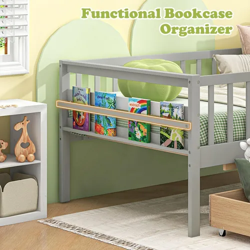 Miniatura 5 de Giantex Cama individual para niños con cajones de almacenamiento, cama Montessori de madera con rieles y estante lateral, sofá cama baja para niños