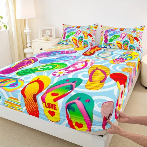 Coloridas chanclas bajeras tamaño individual, juego de ropa de cama de vacaciones de playa oceánica de 2 piezas para decoración de habitación de