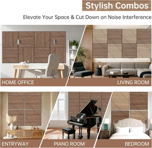 Miniatura 6 de Mollywell Paneles de pared acústicos artísticos, 23.6 x 23.6 pulgadas, paquete de 8 unidades, chapa de grano de madera de PVC, decoración de pared