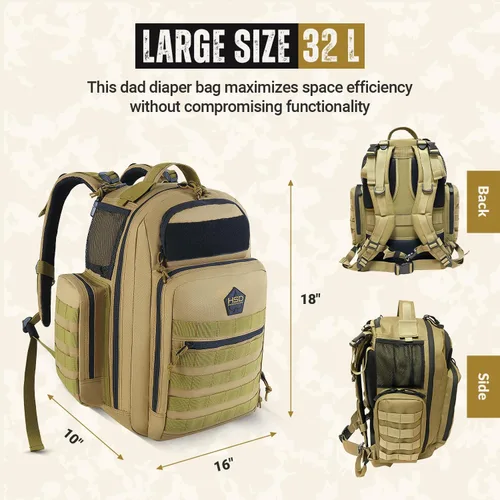 Miniatura 2 de Mochila táctica para pañales HSD + almohadilla Cambiadora, bolsillos aislados, correas de carriola., COYOTE BROWN Marrón coyote