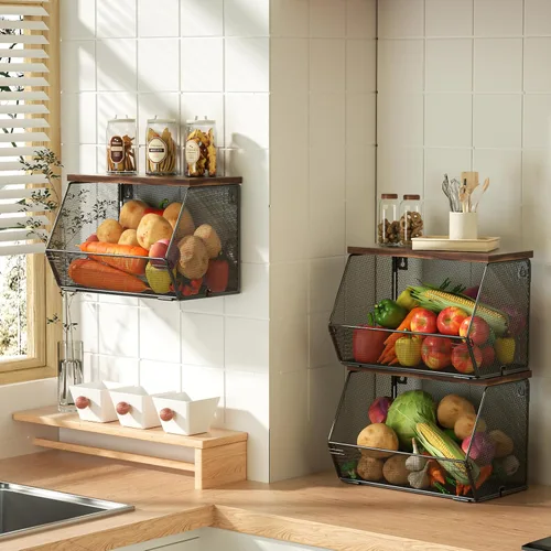 Miniatura 9 de Cesta de frutas apilable para encimera de cocina, ahorro de espacio, cesta de alambre de malla de metal montada en la pared con tapa de madera, Negro