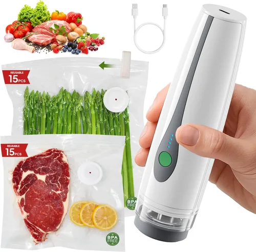 Sellador al vacío compacto para alimentos (máquina selladora al vacío de mano + 30 bolsas al vacío reutilizables), potente sellador de alimentos