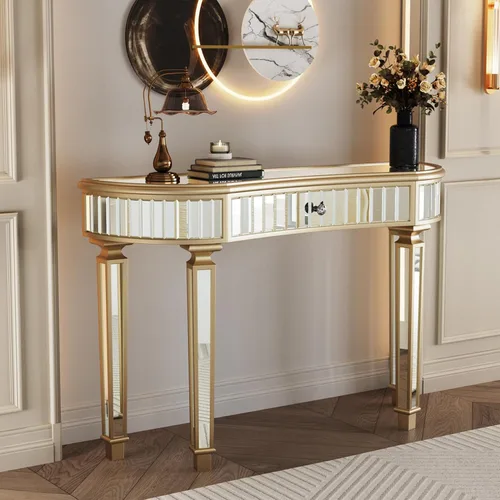 Miniatura 15 de Mesa de consola con espejo de 48 pulgadas, mesa de entrada moderna de plata glamorosa con borde tallado negro vintage con espejo de vidrio para sala