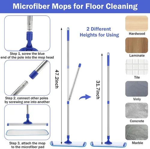 Miniatura 2 de Uiifan 1 juego de trapeador de microfibra de 18 pulgadas con mango extensible y almohadillas lavables reutilizables para pisos de madera dura
