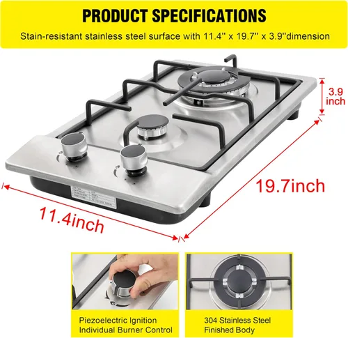 Miniatura 2 de Cocina de gas de 12 pulgadas, estufa de gas integrada de 2 quemadores de acero inoxidable con kit de conversión de NG/LPG, protección de termopar