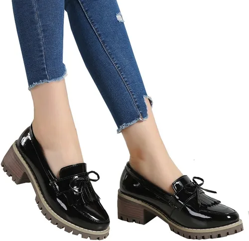 Miniatura 6 de DADAWEN Mocasines para mujer, plataforma con borlas, mocasines de tacón grueso para mujer, elegantes y para el trabajo, zapatos casuales de negocios