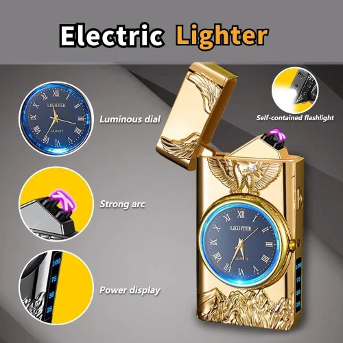 Miniatura 2 de Reloj de Bolsillo con Encendedor de Doble Arco de Plasma Eléctrico con Reloj LED y Linterna, Encendedor USB-C Recargable a Prueba de Viento, Regalo