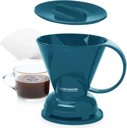 Colador de café Clever y filtros, grande 18 oz | Elección del barista | Plástico seguro sin BPA | Incluye 100 filtros (Azul pavo real)